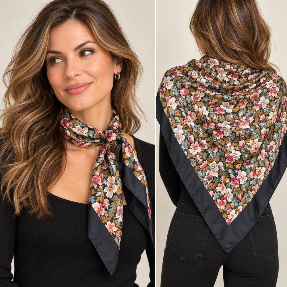 Club 7 Echo 100% Silk Floral Scarf Large Square Black Pink Teal Botanical 30"